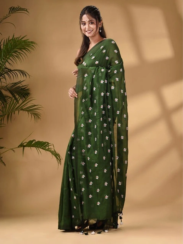 Handloom Floral Embroidered Cotton Saree - Olive