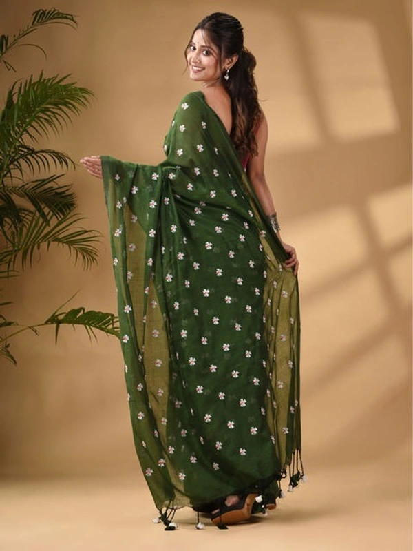 Handloom Floral Embroidered Cotton Saree - Olive