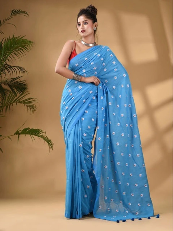 Handloom Floral Embroidered Cotton Saree - Seagull