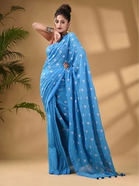 Handloom Floral Embroidered Cotton Saree - Seagull