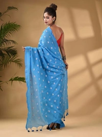 Handloom Floral Embroidered Cotton Saree - Seagull