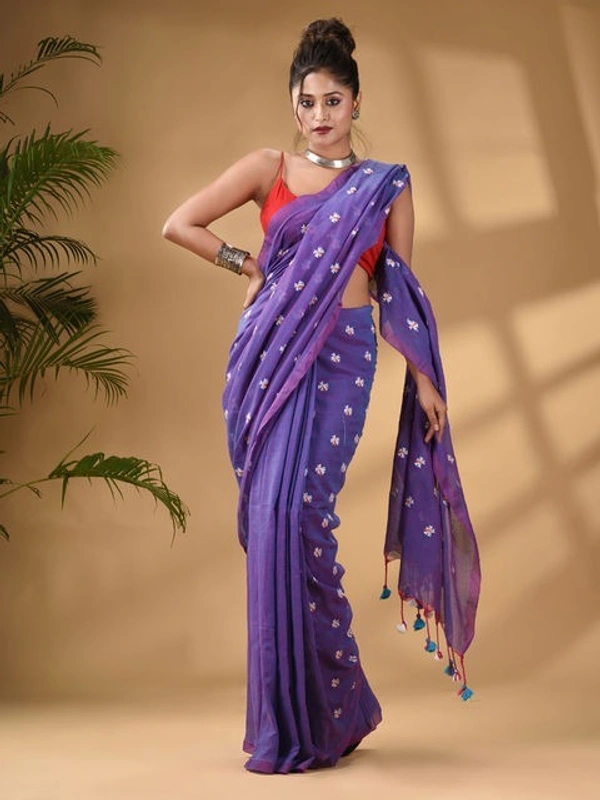 Handloom Floral Embroidered Cotton Saree - Purple
