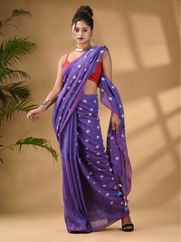 Handloom Floral Embroidered Cotton Saree - Purple