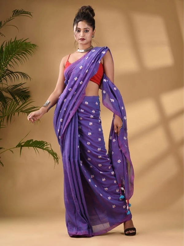 Handloom Floral Embroidered Cotton Saree - Purple