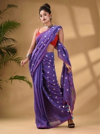 Handloom Floral Embroidered Cotton Saree - Purple