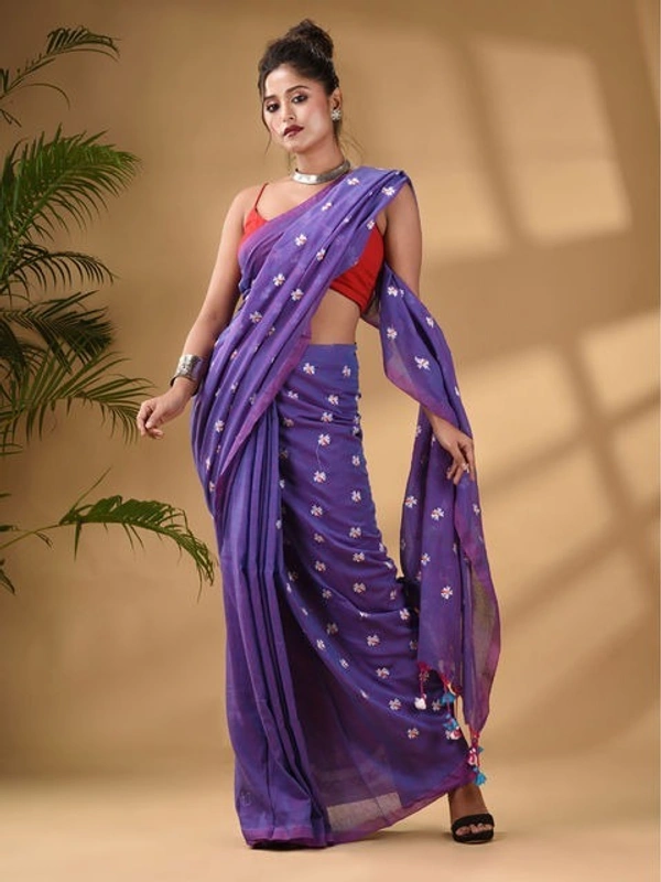 Handloom Floral Embroidered Cotton Saree - Purple