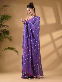 Handloom Floral Embroidered Cotton Saree - Purple