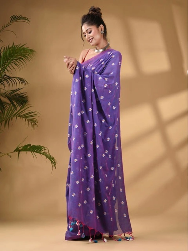 Handloom Floral Embroidered Cotton Saree - Purple