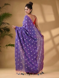 Handloom Floral Embroidered Cotton Saree - Purple