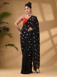 Handloom Floral Embroidered Cotton Saree - Black