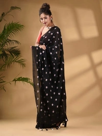 Handloom Floral Embroidered Cotton Saree - Black