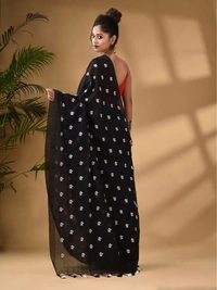 Handloom Floral Embroidered Cotton Saree - Black
