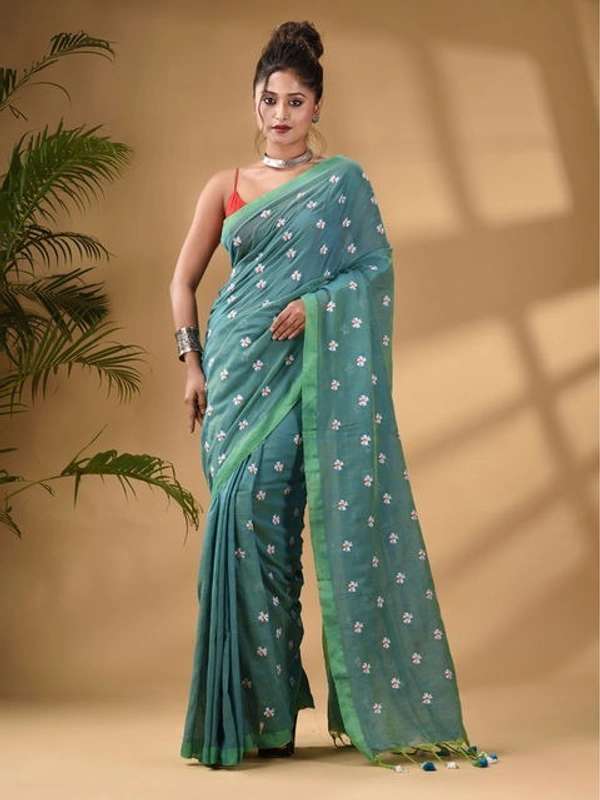 Handloom Floral Embroidered Cotton Saree - Eastern Blue