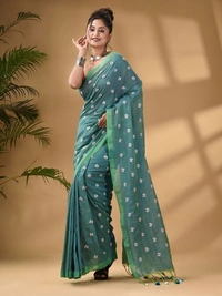 Handloom Floral Embroidered Cotton Saree - Eastern Blue