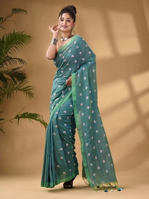 Handloom Floral Embroidered Cotton Saree - Eastern Blue
