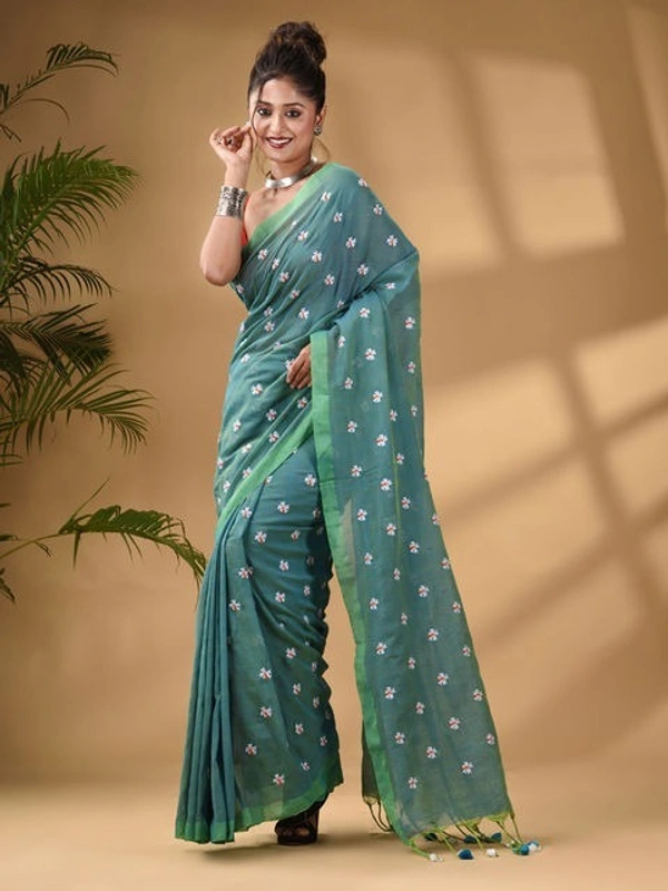 Handloom Floral Embroidered Cotton Saree - Eastern Blue