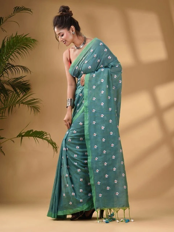 Handloom Floral Embroidered Cotton Saree - Eastern Blue