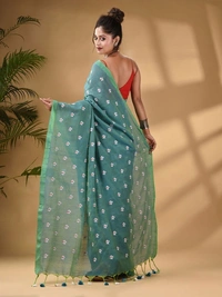 Handloom Floral Embroidered Cotton Saree - Eastern Blue