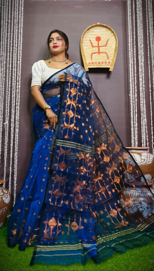 Handloom Traditional Zari Woven Soft Jamdani - Blue, Soft