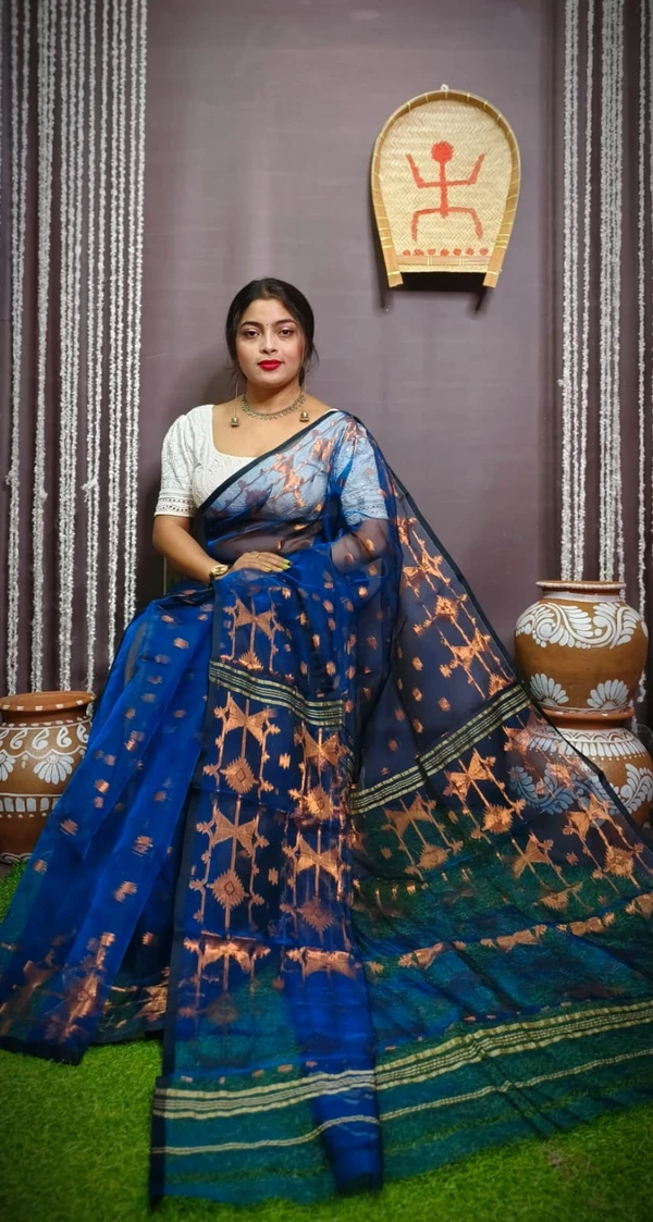 Handloom Traditional Zari Woven Soft Jamdani - Blue, Soft