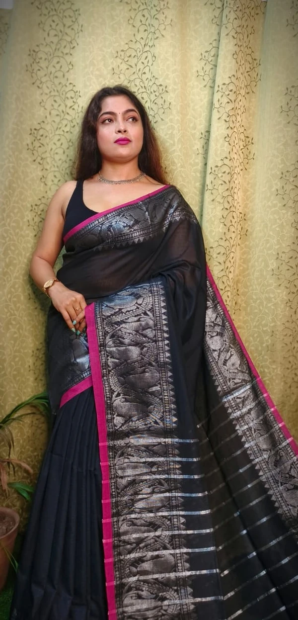 Nilima Handloom Copper Zari Work Border Saree - Black