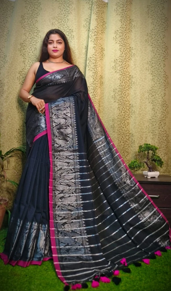 Nilima Handloom Copper Zari Work Border Saree - Black