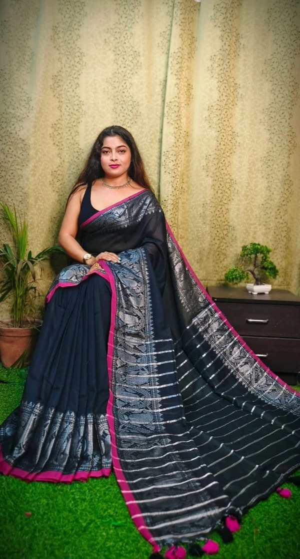 Nilima Handloom Copper Zari Work Border Saree - Black