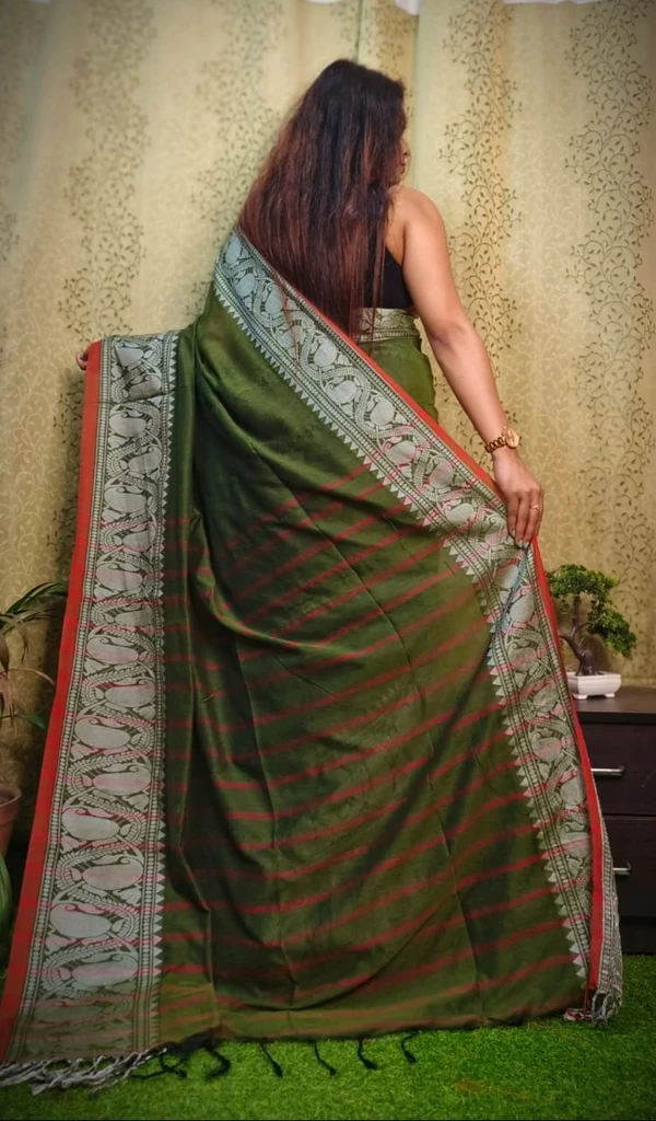 Nilima Handloom Copper Zari Work Border Saree - Olive