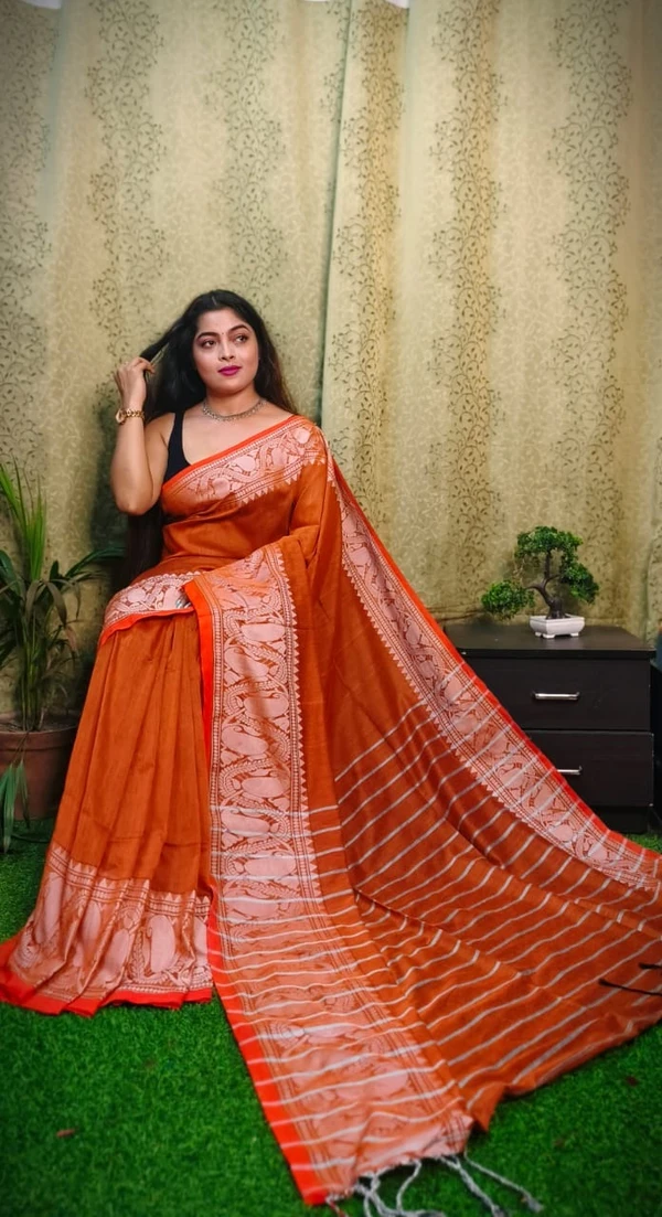 Nilima Handloom Copper Zari Work Border Saree - Flush Orange