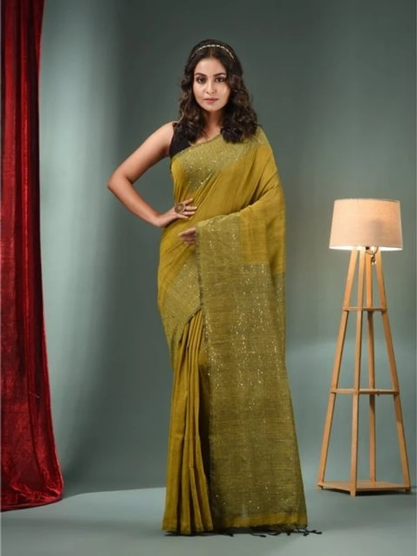 Handloom Border & Pallu Sequence Work Saree - Olive