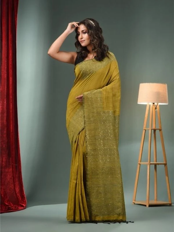 Handloom Border & Pallu Sequence Work Saree - Olive