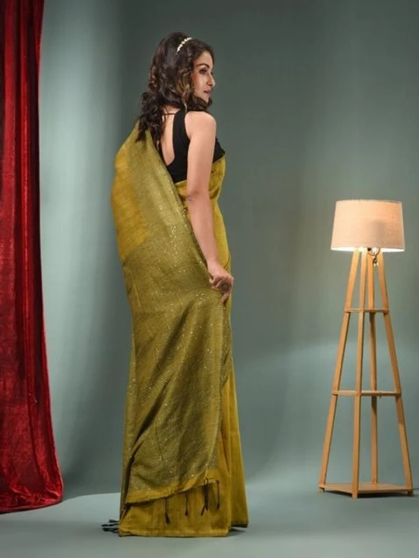 Handloom Border & Pallu Sequence Work Saree - Olive