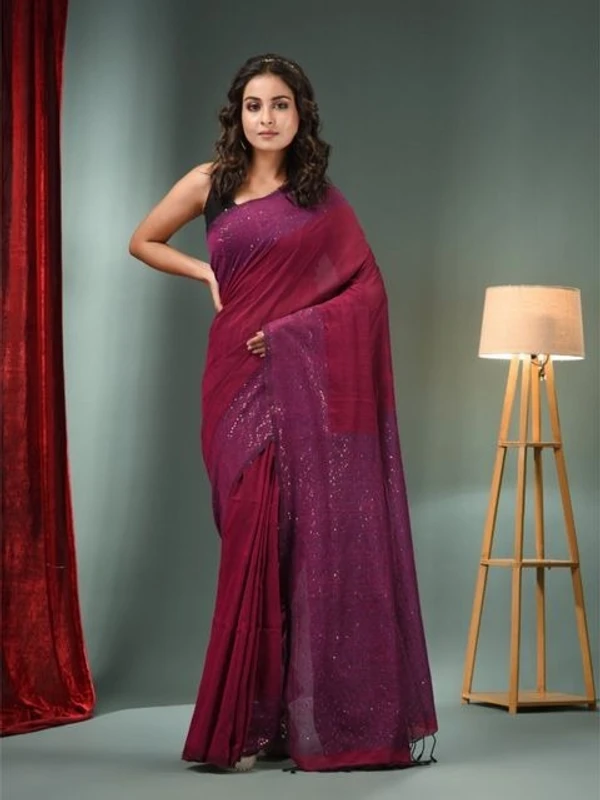 Handloom Border & Pallu Sequence Work Saree - Maroon