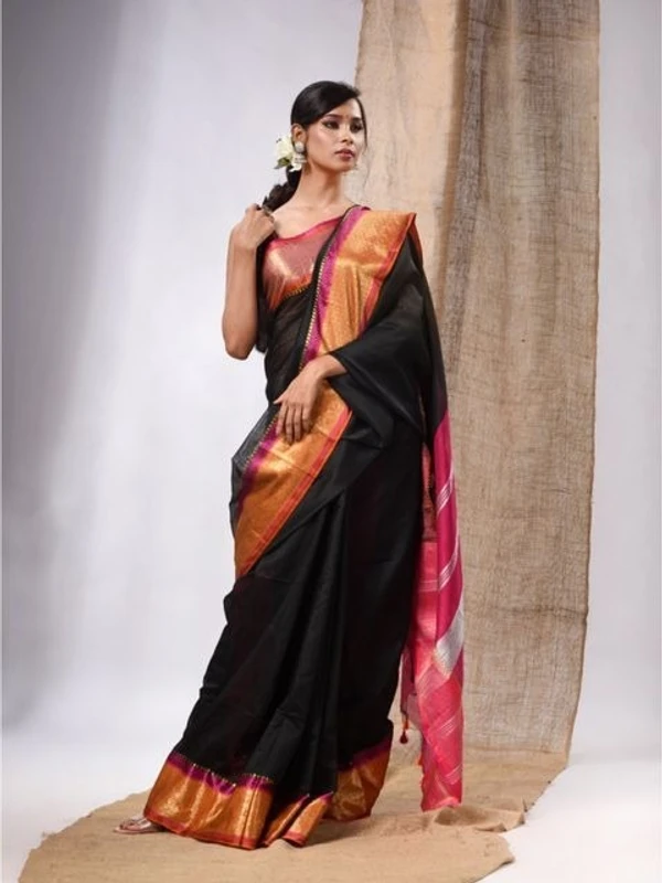 Nilima Handloom Maheswari Work Zari Woven Saree - Black