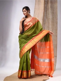 Nilima Handloom Maheswari Work Zari Woven Saree - Olive