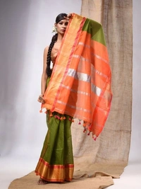 Nilima Handloom Maheswari Work Zari Woven Saree - Olive