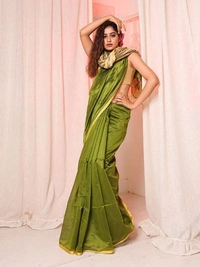 Nilima Handloom Silver Zari Slab Pallu Saree - Olive