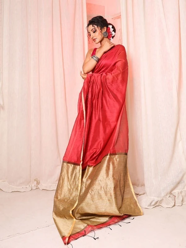 Nilima Handloom Silver Zari Slab Pallu Saree - Coral