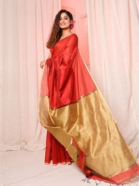 Nilima Handloom Silver Zari Slab Pallu Saree - Red