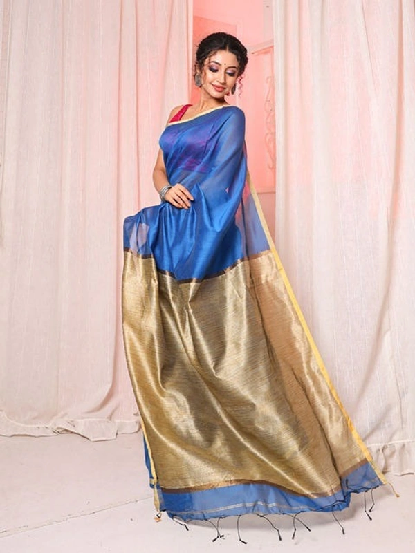 Nilima Handloom Silver Zari Slab Pallu Saree - Blue