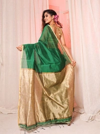 Nilima Handloom Silver Zari Slab Pallu Saree - Japanese Laurel