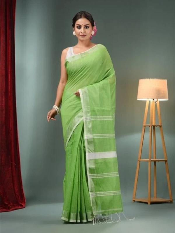 Nilima Handloom Zari Border Cotton Slab Saree - Granny Smith Apple, Cotton Slab