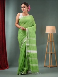 Nilima Handloom Zari Border Cotton Slab Saree - Granny Smith Apple, Cotton (CK)