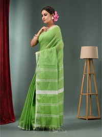 Nilima Handloom Zari Border Cotton Slab Saree - Granny Smith Apple, Cotton (CK)