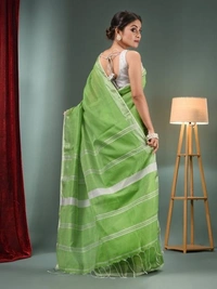 Nilima Handloom Zari Border Cotton Slab Saree - Granny Smith Apple, Cotton (CK)