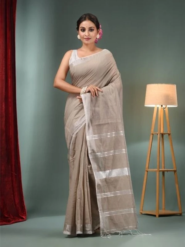 Nilima Handloom Zari Border Cotton Slab Saree - Indian Khaki, Cotton Slab