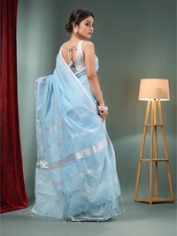 Nilima Handloom Zari Border Cotton Slab Saree - Seagull, Cotton Slab