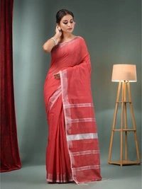 Nilima Handloom Zari Border Cotton Slab Saree - Red, Cotton Slab