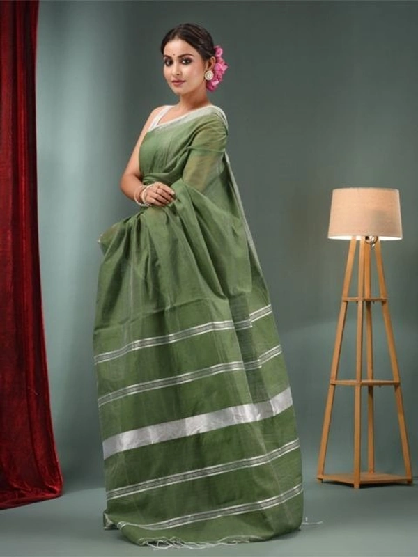 Nilima Handloom Zari Border Cotton Slab Saree - Olive, Cotton Slab