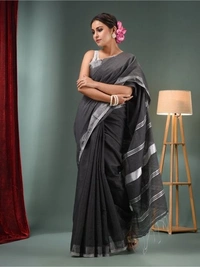 Nilima Handloom Zari Border Cotton Slab Saree - Black, Cotton (CK)